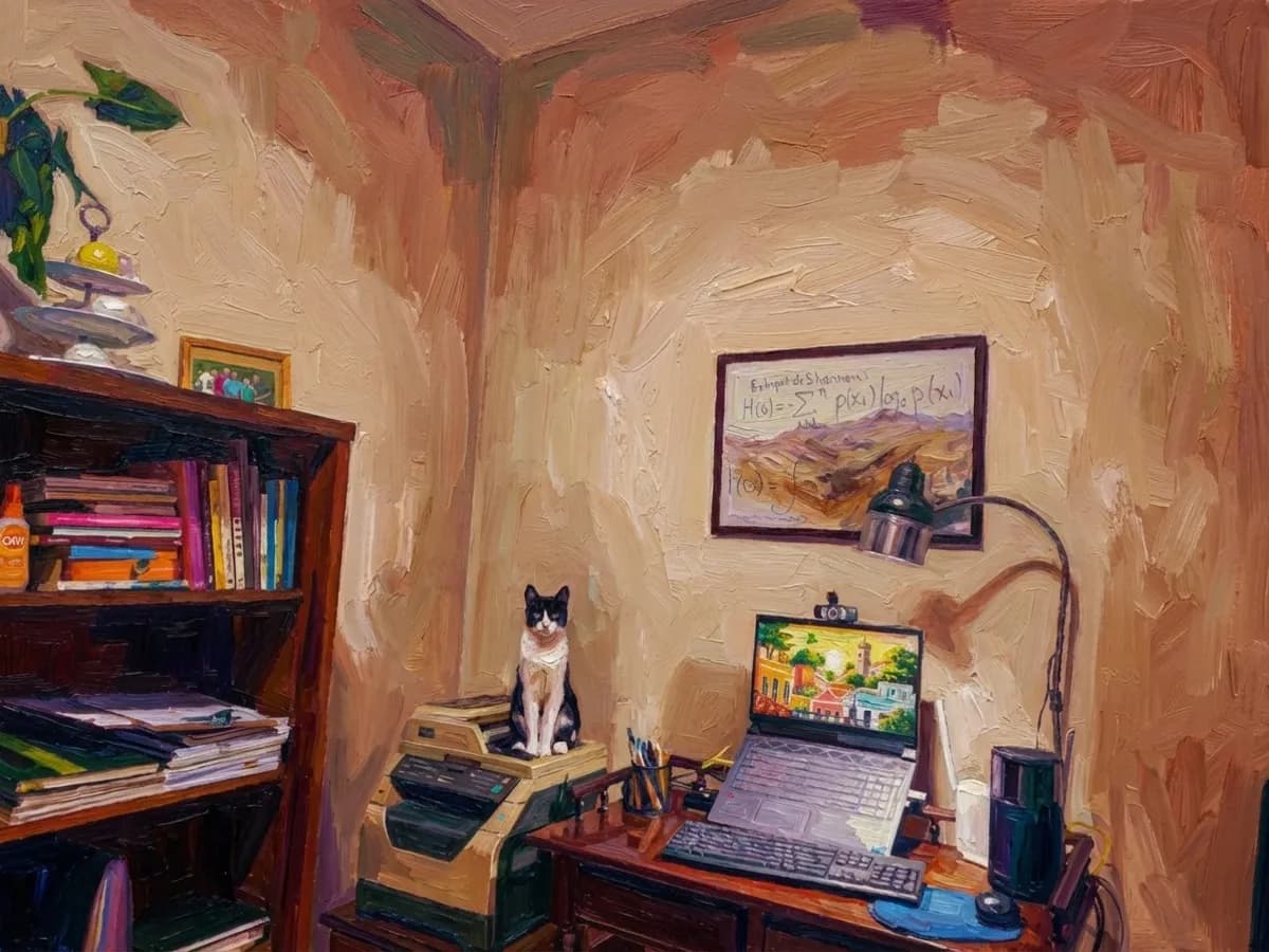 Escritório Neural Thinkers Lab em Minas Gerais — pintura no estilo Tarsila do Amaral com gato, livros e fórmulas de Shannon