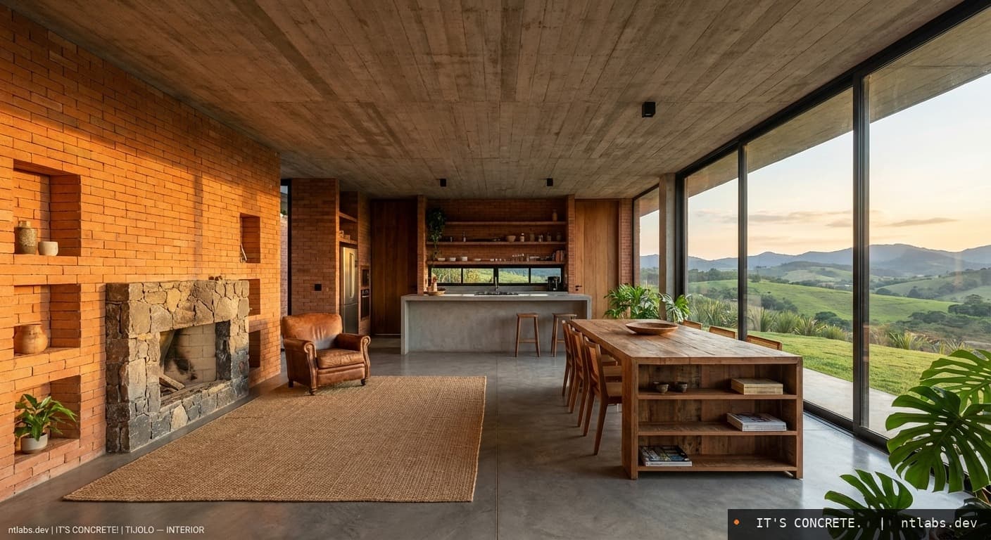 Living room with brick and concrete