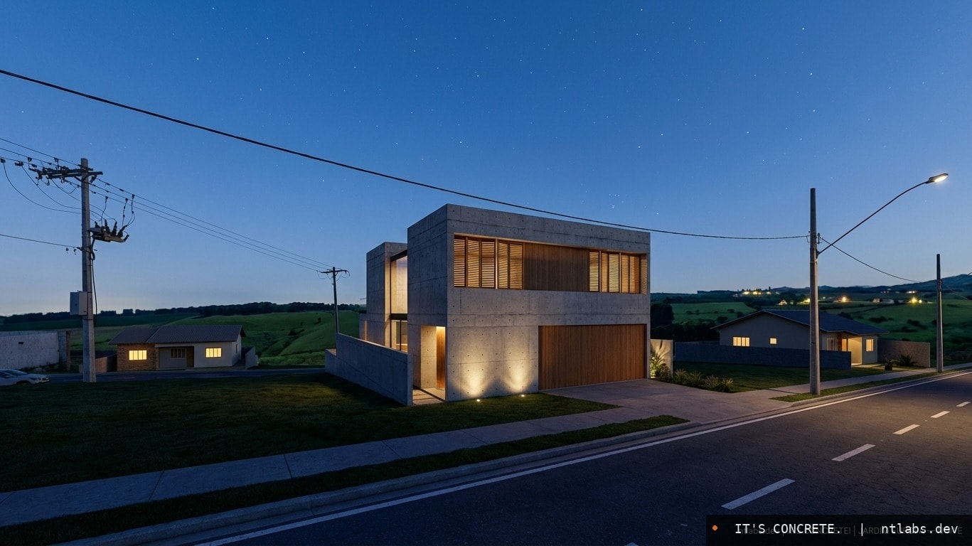 Casa de concreto à noite no loteamento