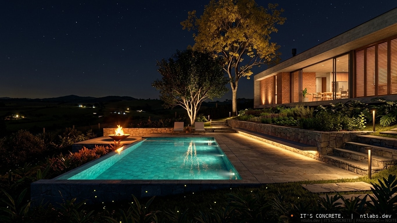 Jardim à noite com piscina